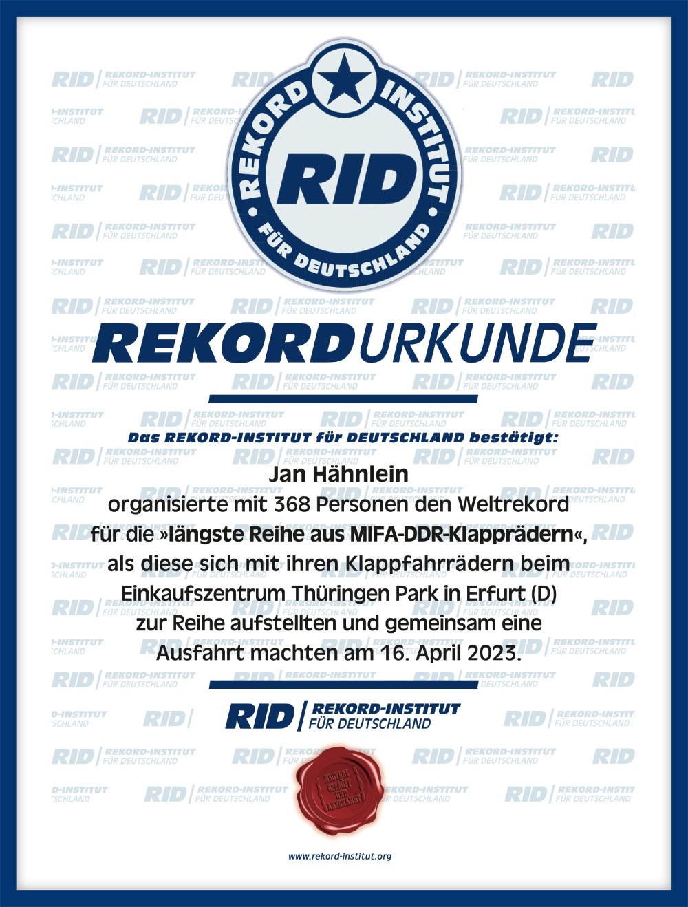 Weltrekord Urkunde 2023